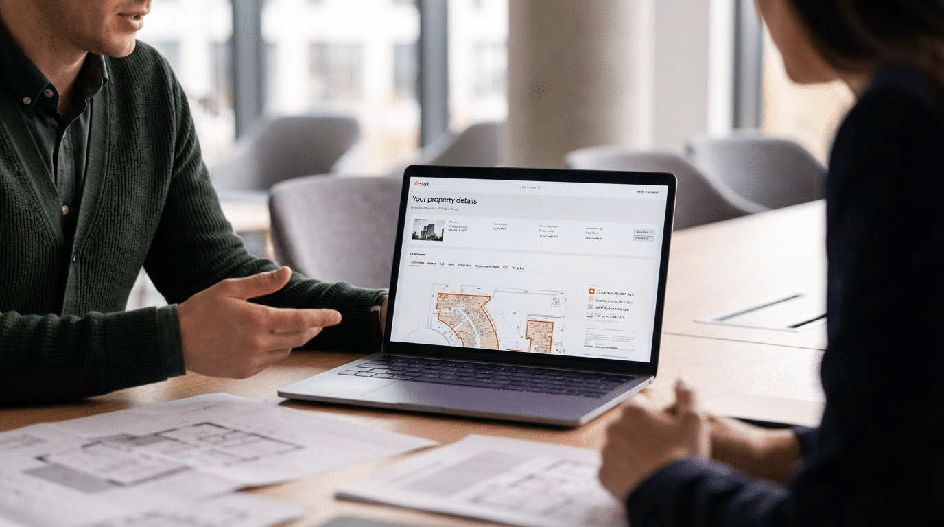 Two surveyors reviewing Stak Verified floorplans, illustrating collaboration through DRC’s Capture Programme and accurate, compliant digital data delivery